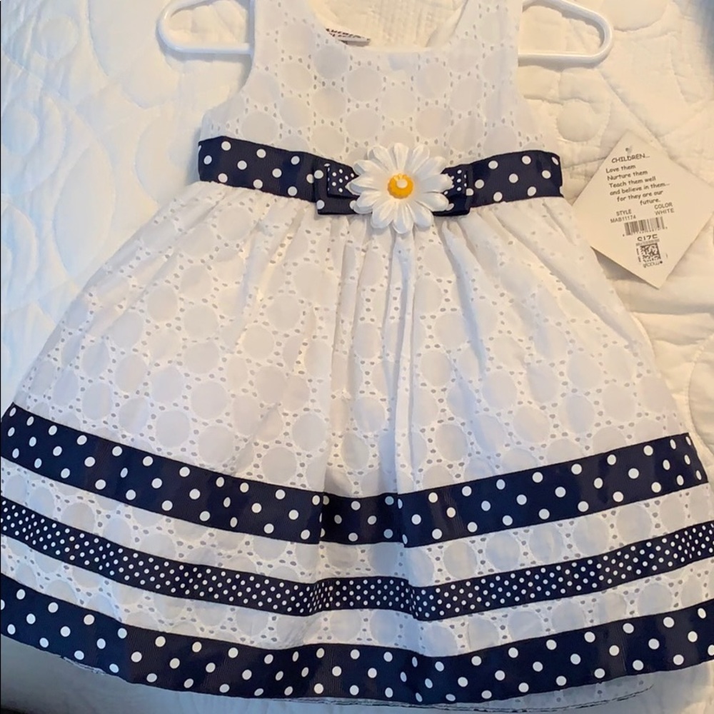 White eyelet & navy grosgrain dress